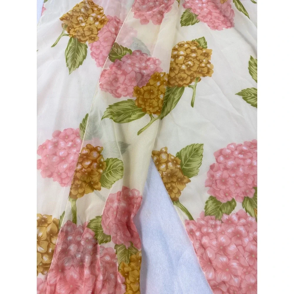 Vintage Sheer Floral Hydrangea Scarf Pink Yellow Cream Lightweight Rectangular